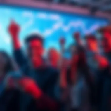 A group of happy people looking at their phones, celebrating a small rise in cryptocurrency prices, with graphs showing upward trends in the background.