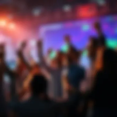 Group of people celebrating financial success during a market surge with charts and graphs in the background