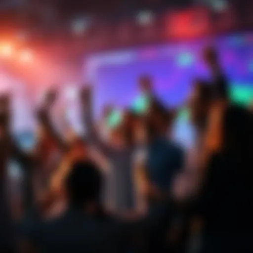 Group of people celebrating financial success during a market surge with charts and graphs in the background