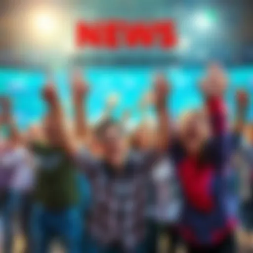 Group of happy people cheering and celebrating exciting news together