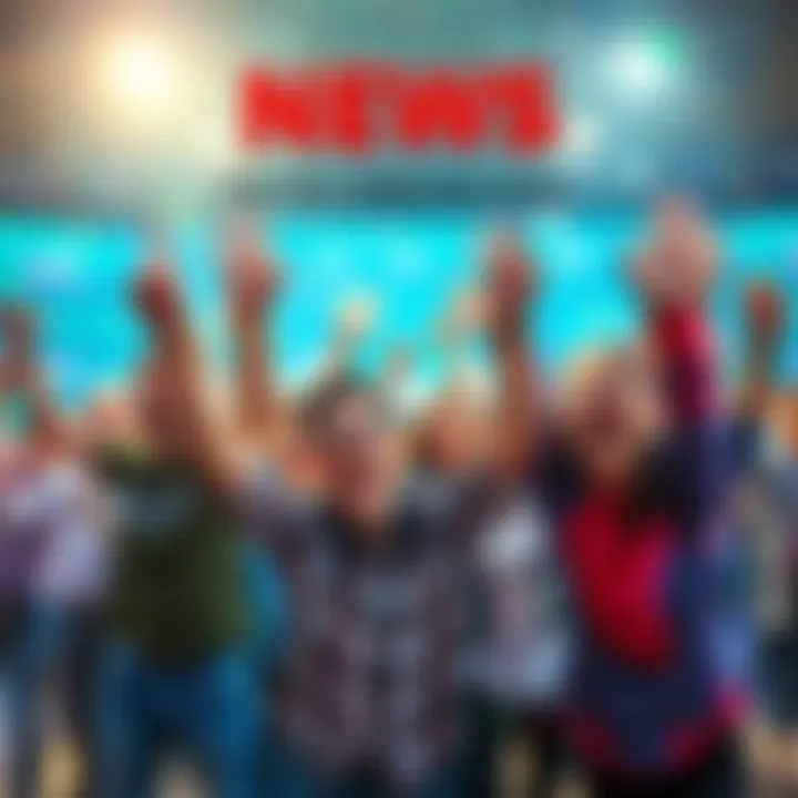 Group of happy people cheering and celebrating exciting news together