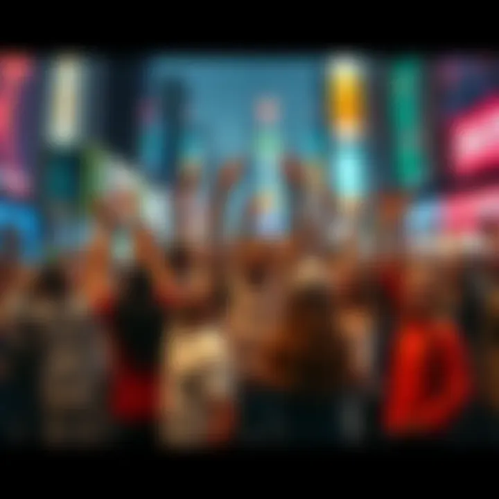 A diverse group of people celebrating with signs of optimism and growth in a vibrant city setting, highlighting excitement for developments in 2025.