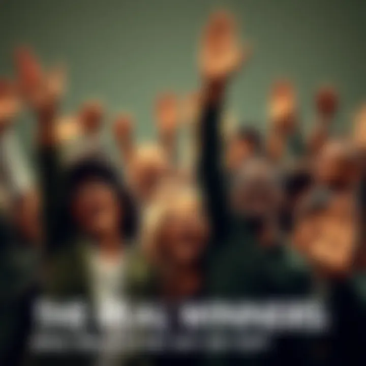 A diverse group of people celebrating achievement with smiles and raised hands, reflecting joy and victory.