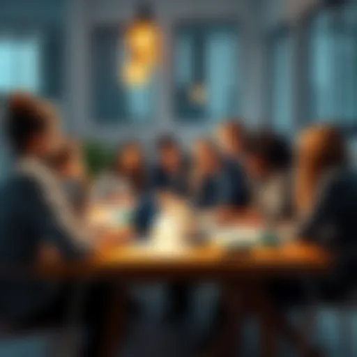 A group of diverse people brainstorming ideas and discussing solutions at a table covered with papers and laptops.