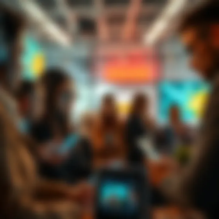 People Connecting Online A diverse group of individuals engaging in discussion through their devices in an online forum setting.