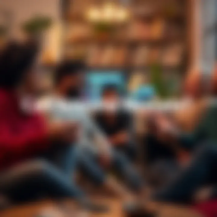 A diverse group of people sharing stories and laughing together in a cozy setting, highlighting their connections through relatable life moments.