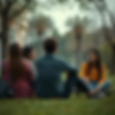 A group of people sitting together in a park, looking contemplative and stressed as they engage in a discussion about societal pressures and coping mechanisms.