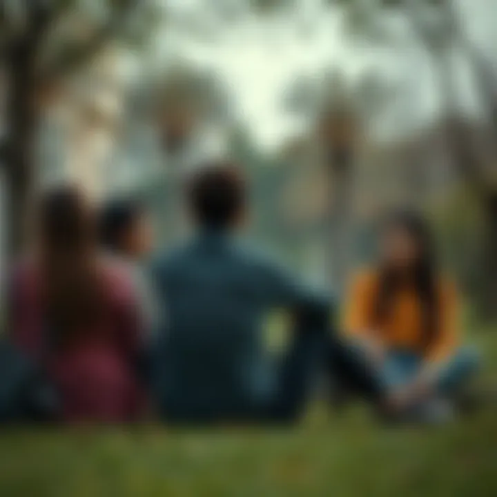 A group of people sitting together in a park, looking contemplative and stressed as they engage in a discussion about societal pressures and coping mechanisms.