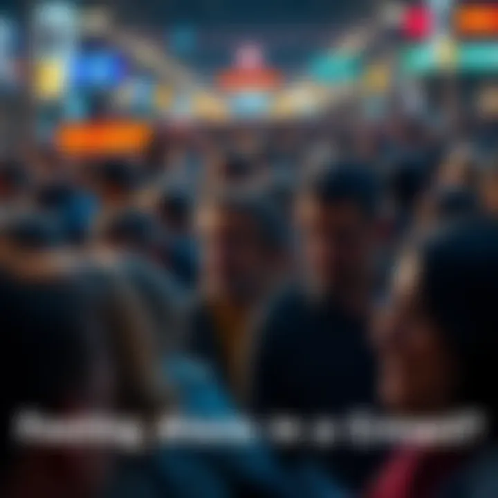 A group of people in a busy area, with some appearing isolated and lost in thought, highlighting feelings of loneliness