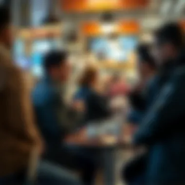 A group of people engaging in conversation about the bellends trend at a coffee shop