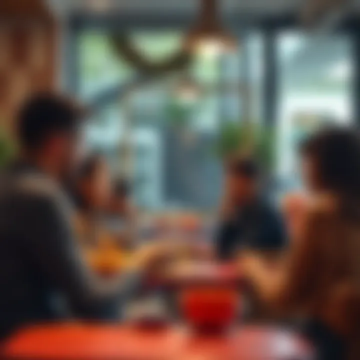 A group of people chatting about a completed challenge in a cozy cafe setting