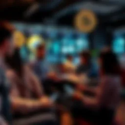 A group of people engaged in a lively discussion about cryptocurrency in a casual setting, with laptops and smartphones around them.