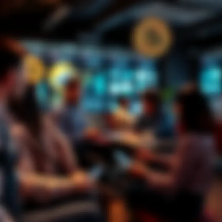 A group of people engaged in a lively discussion about cryptocurrency in a casual setting, with laptops and smartphones around them.