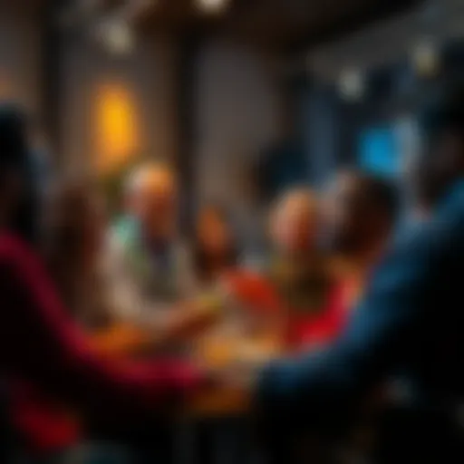 A group of diverse people engaged in a lively discussion about societal challenges and the future, expressing various opinions and insights.