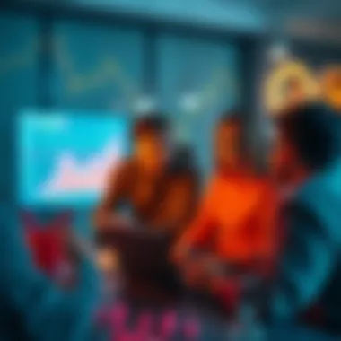 A group of people engaging in a conversation about memecoins, with charts and graphs visible on a laptop screen