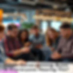 A group of people engaged in conversation with laptops and smartphones, sharing stories about unexpected emails.