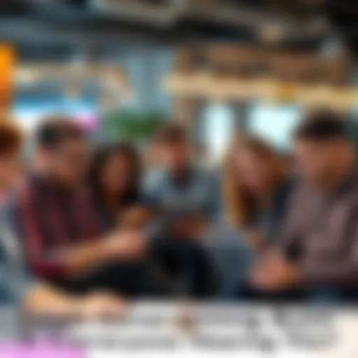 A group of people engaged in conversation with laptops and smartphones, sharing stories about unexpected emails.