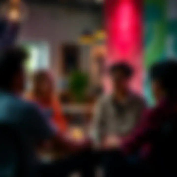 A group of people talking in a casual setting about recent video posts and communication gaps