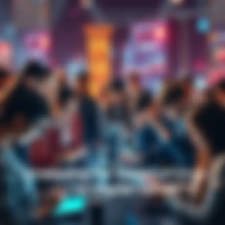 A diverse group of people interacting with various digital devices and platforms, showcasing the impact of 2.0 on technology and society.