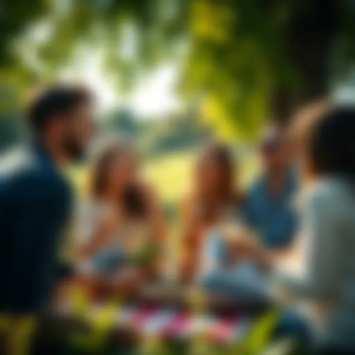 People enjoying simple pleasures A group of friends laughing and sharing a picnic in a sunny park, celebrating small moments of joy together