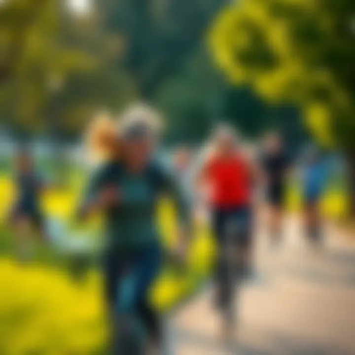 Group of people running and cycling in a park while using fitness apps
