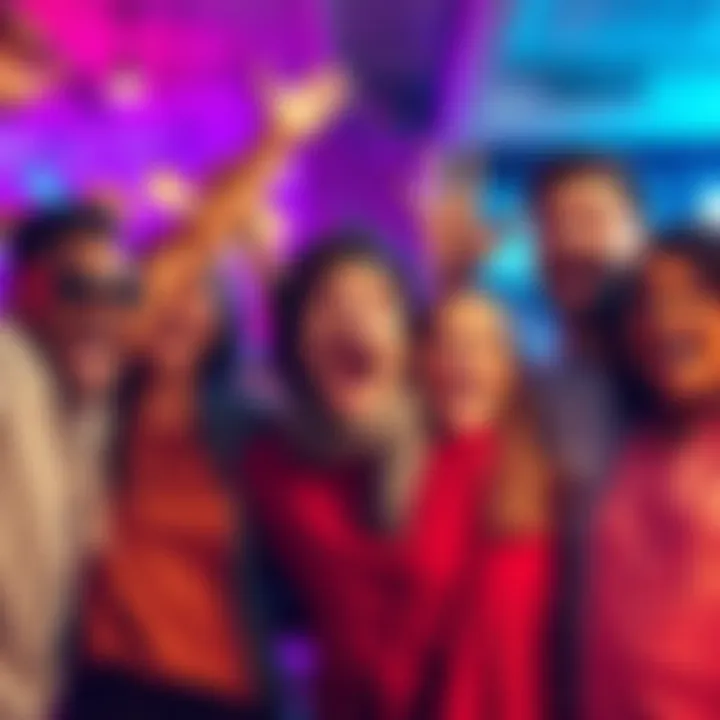 A group of friends joyfully expressing surprise and enthusiasm together, capturing a lively moment of celebration.