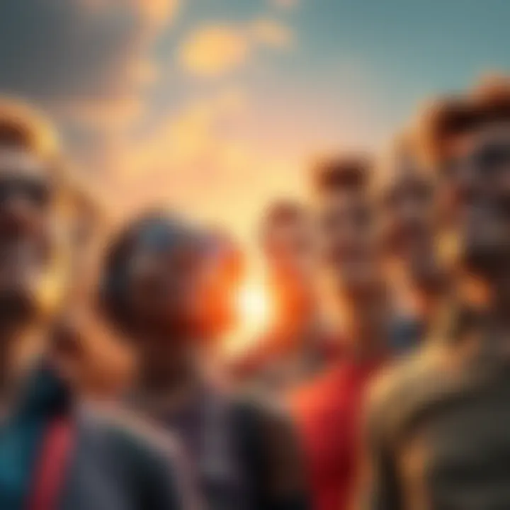 A group of diverse people showing expressions of hope and concern, looking towards a bright horizon, symbolizing anticipation for future developments.