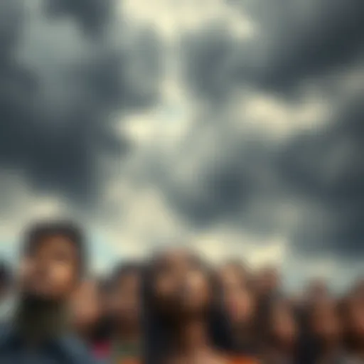 A group of diverse people looking worried as they face a cloudy sky, symbolizing fear and uncertainty about the future.