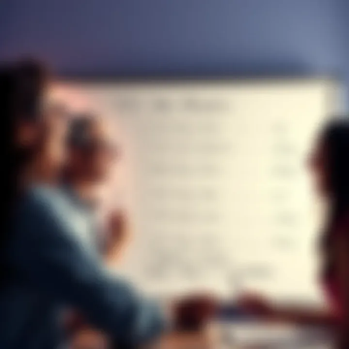 A group of people laughing and discussing their favorite things while filling in blanks on a whiteboard, showcasing creativity and humor.