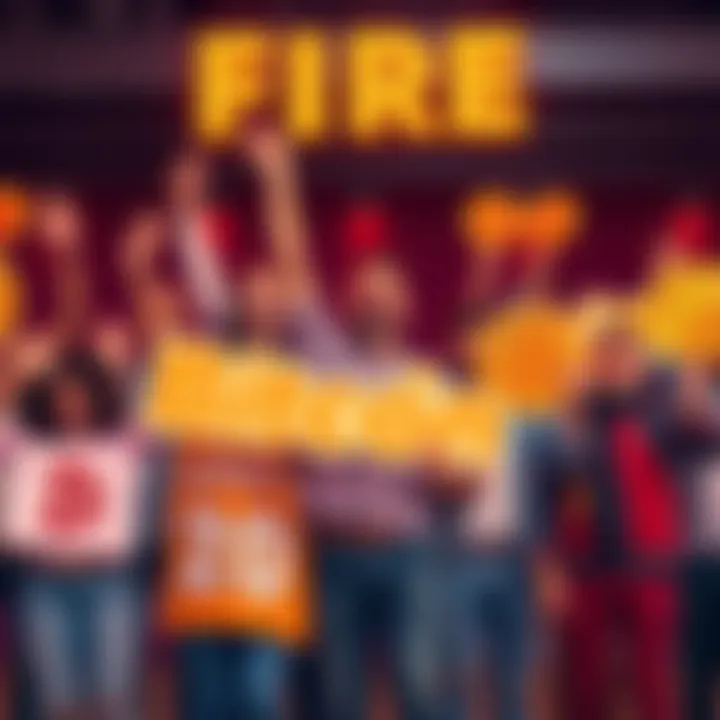 A group of people joyfully celebrating their financial independence, holding Bitcoin signs and props, symbolizing success in cryptocurrency investing since 2020