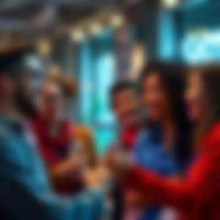 A group of people discussing their experiences of earning their first dollar, with smiles and gestures indicating excitement and engagement.