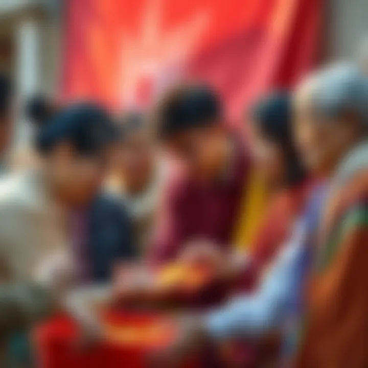 A group of diverse people performing small acts of kindness, like sharing food and helping the elderly, symbolizing the motto 'Do Only Good Every Day'.