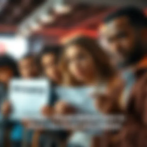 Group of diverse people looking concerned while filling out a survey form, with a sign indicating privacy issues