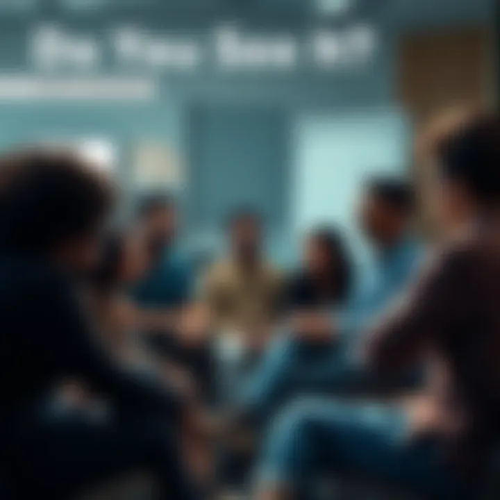 A group of people sitting in a circle, talking and laughing, with one person appearing distant and overlooked.