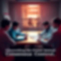 A group of people engaged in a discussion around a table, analyzing charts and documents related to decision-making.