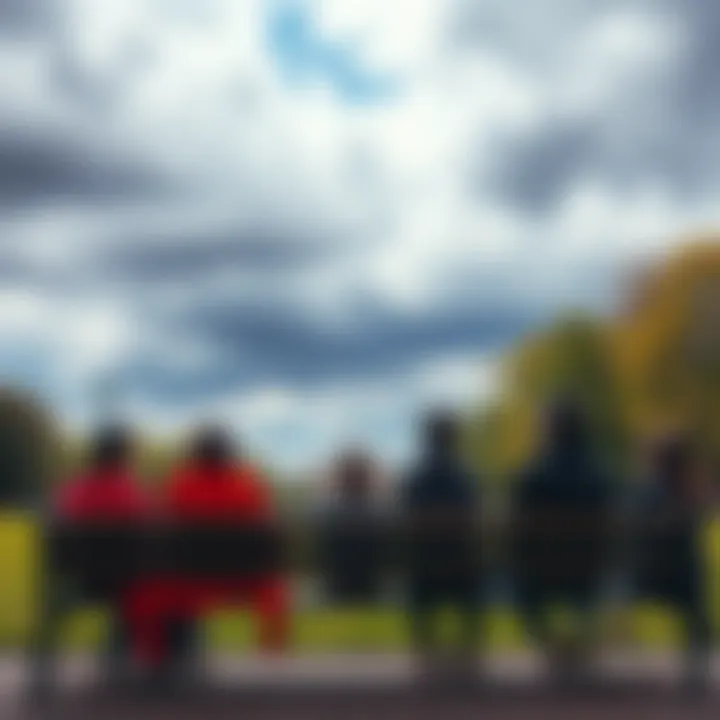 A group of people sitting on a bench in a park, appearing contemplative about their happiness, with cloudy skies above them