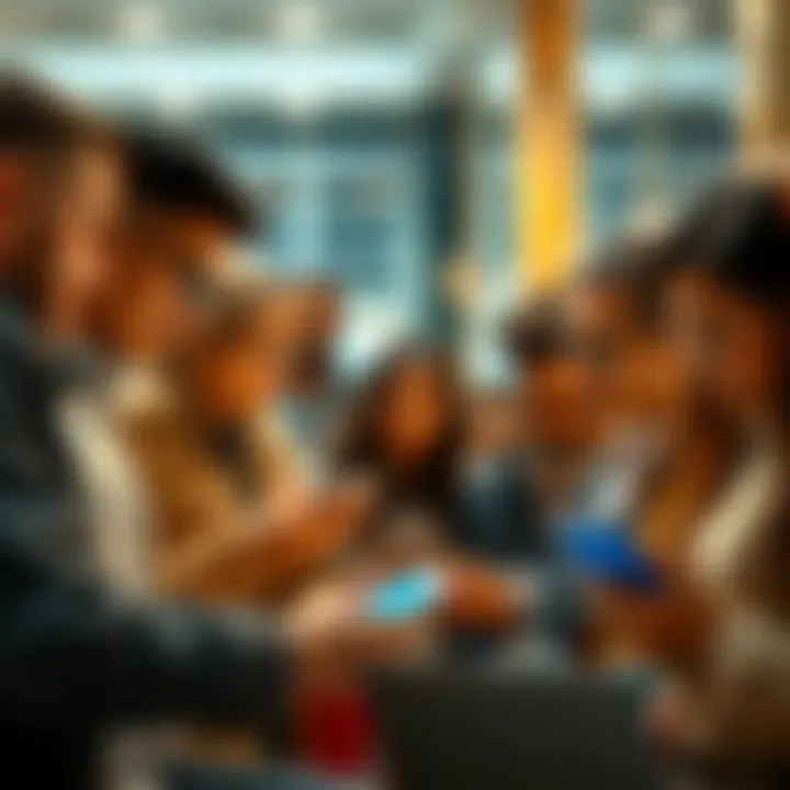 A diverse group of people using smartphones and laptops in a modern environment, reflecting current societal trends