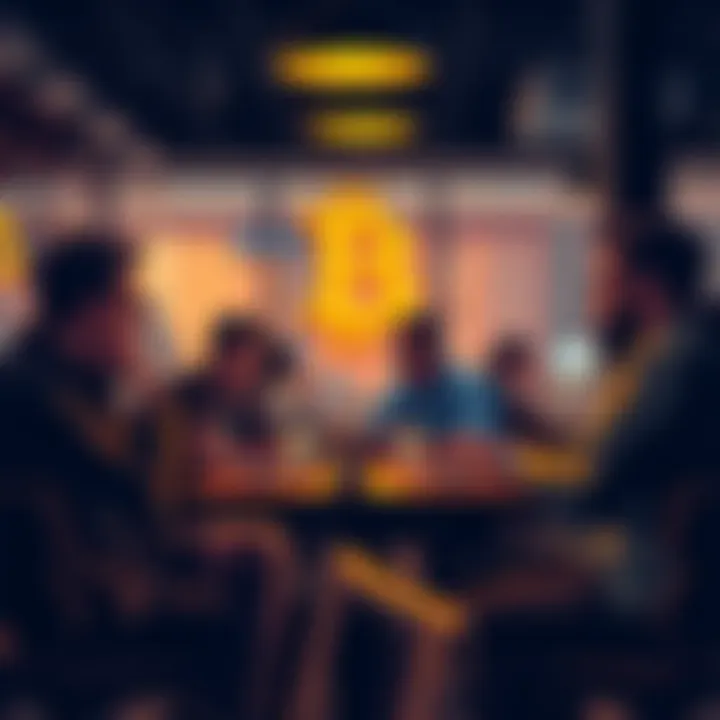 A group of diverse individuals discussing Bitcoin investment strategies at a cafe