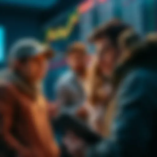 Group of people looking at cryptocurrency charts and discussing investments, showing mixed emotions of hope and frustration.