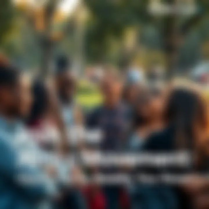 A diverse group of people gathered in a park, smiling and engaging in discussions about opportunities and personal growth.