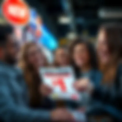 A group of friends laughing together while looking at a flyer for a $1 deal, with one person holding up the flyer excitedly.