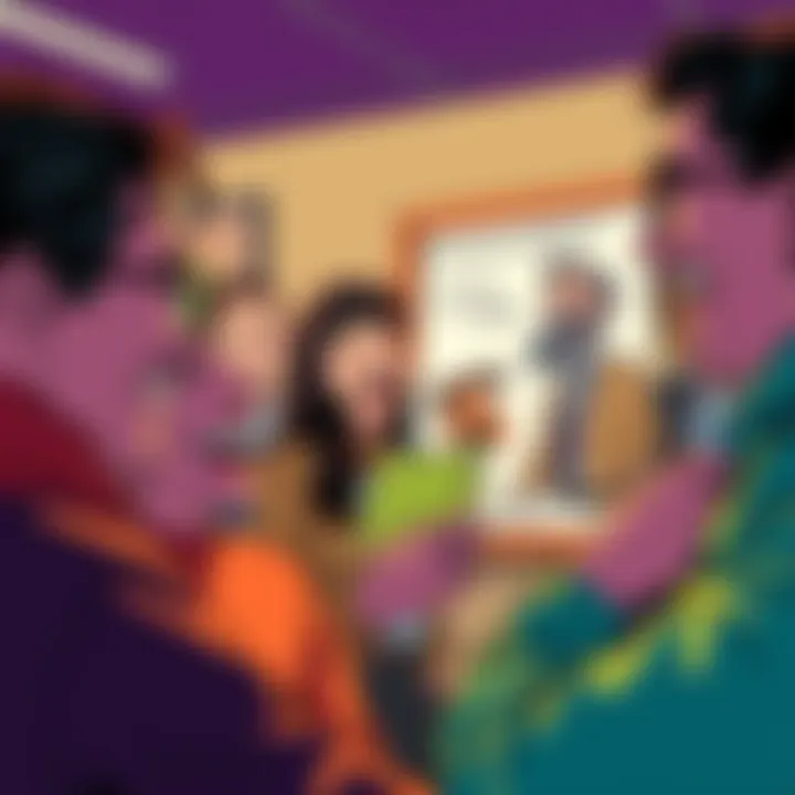 A group of people looking at a cartoon that humorously depicts modern societal issues, sharing a good laugh together.