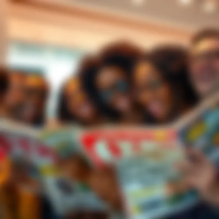 A group of diverse people laughing while looking at financial magazines, showing skepticism about their credibility.