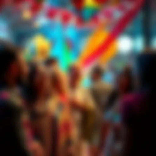 A group of people laughing and chatting in a lively setting with colorful decorations