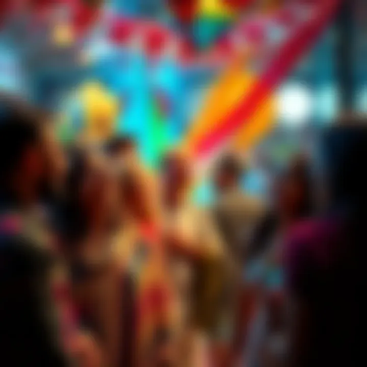 A group of people laughing and chatting in a lively setting with colorful decorations