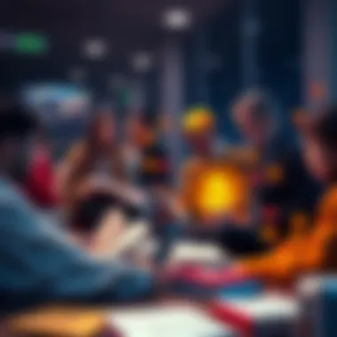 A group of people studying Bitcoin with books and laptops, sharing knowledge and experiences.