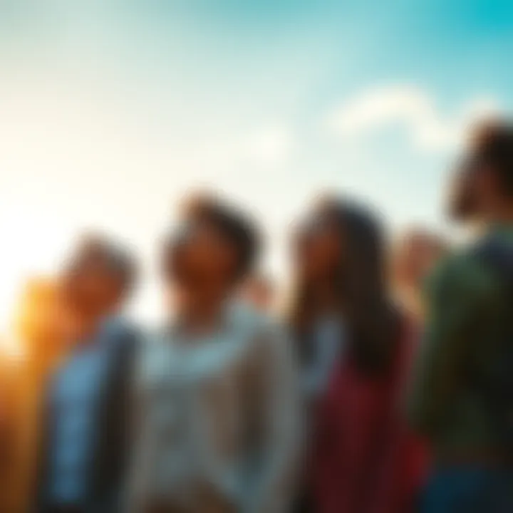 A diverse group of people standing together, looking ahead with hopeful expressions against a bright sky, symbolizing unity and optimism for the future.