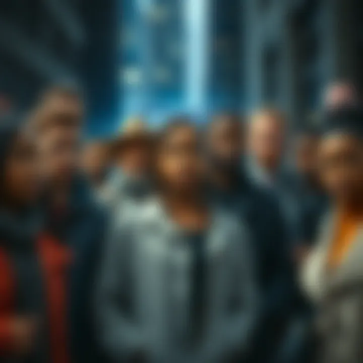A group of diverse people standing together with determined expressions, showcasing resilience during tough times in a city setting.