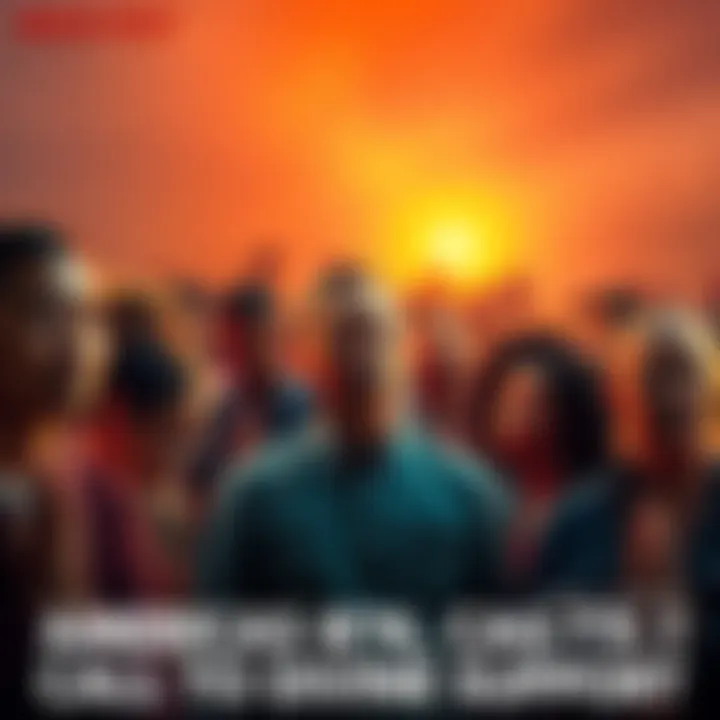 A diverse group of people with heads bowed in prayer, seeking divine support during challenging times