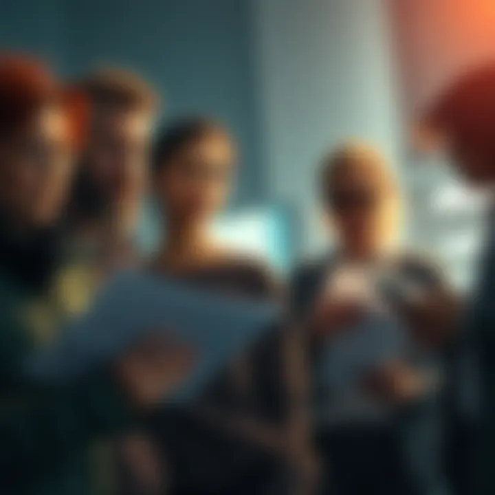 A group of concerned people discussing recent troubling events, looking worried and alarmed, with papers and mobile devices in hand.